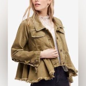 Free People Willow Denim Jacket Lace Up Cuff Ruffle Peplum Military Moss XS